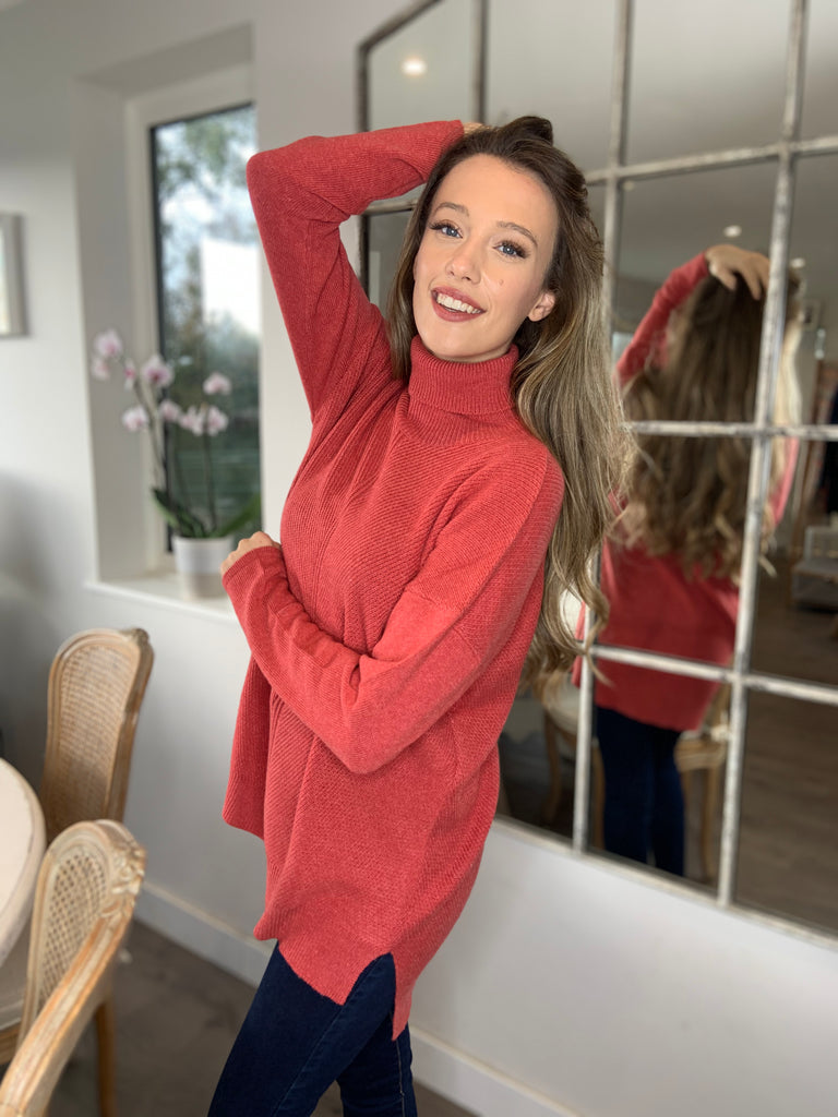 Brick Red  Long Roll Neck Jumper with Side Splits