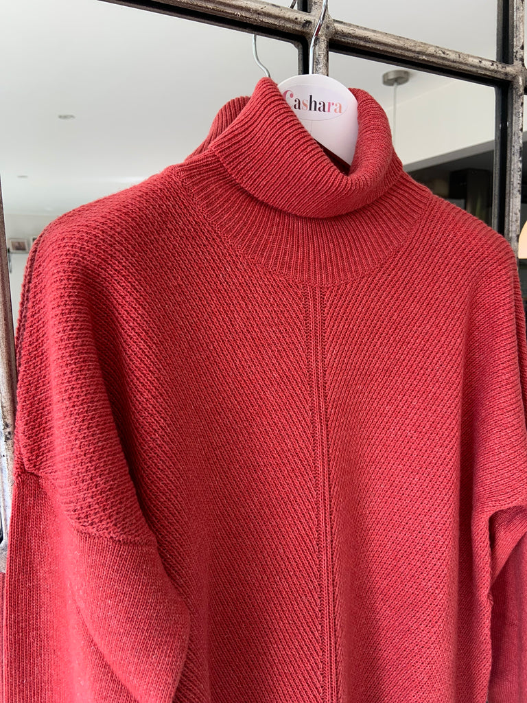 Brick Red Long Roll Neck Jumper with Side Splits