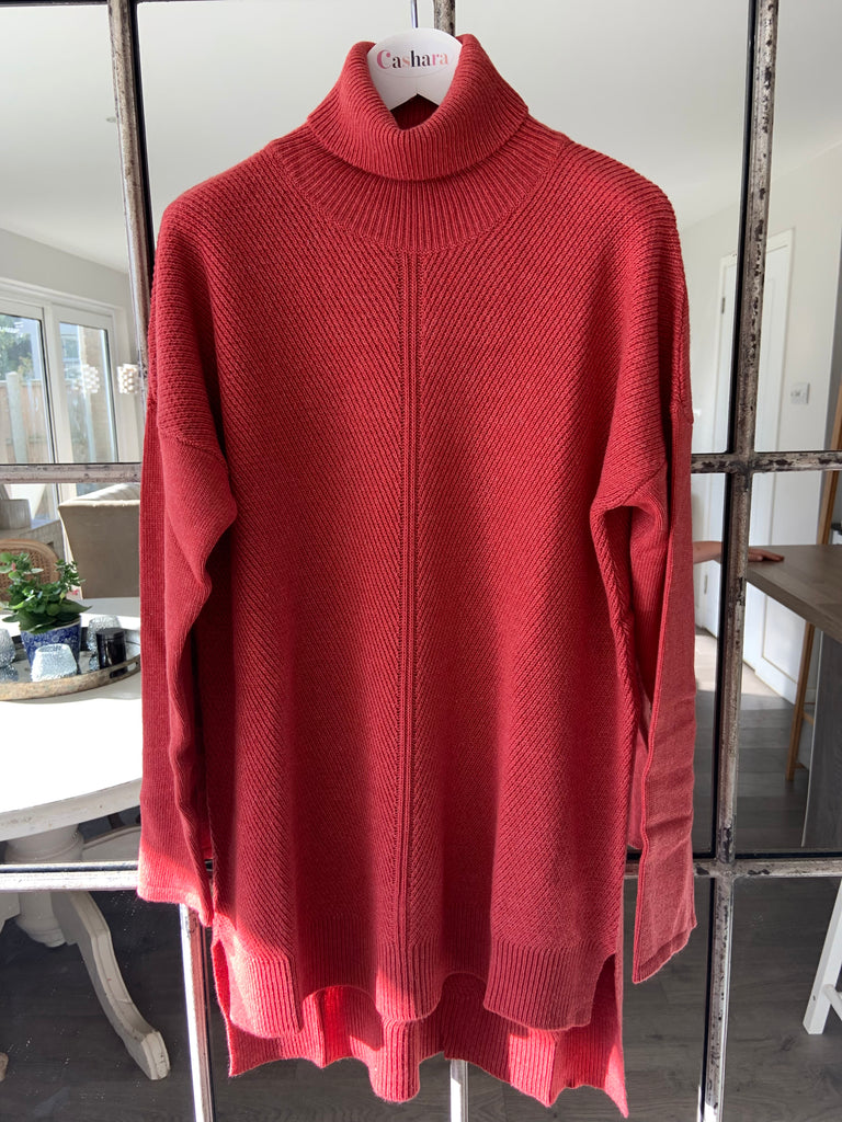 Brick Red Long Roll Neck Jumper with Side Splits